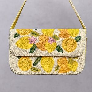 COMING SOON! 163 POL Beaded Lemon Motif Shoulder Bag - Cream, Yellow, Green